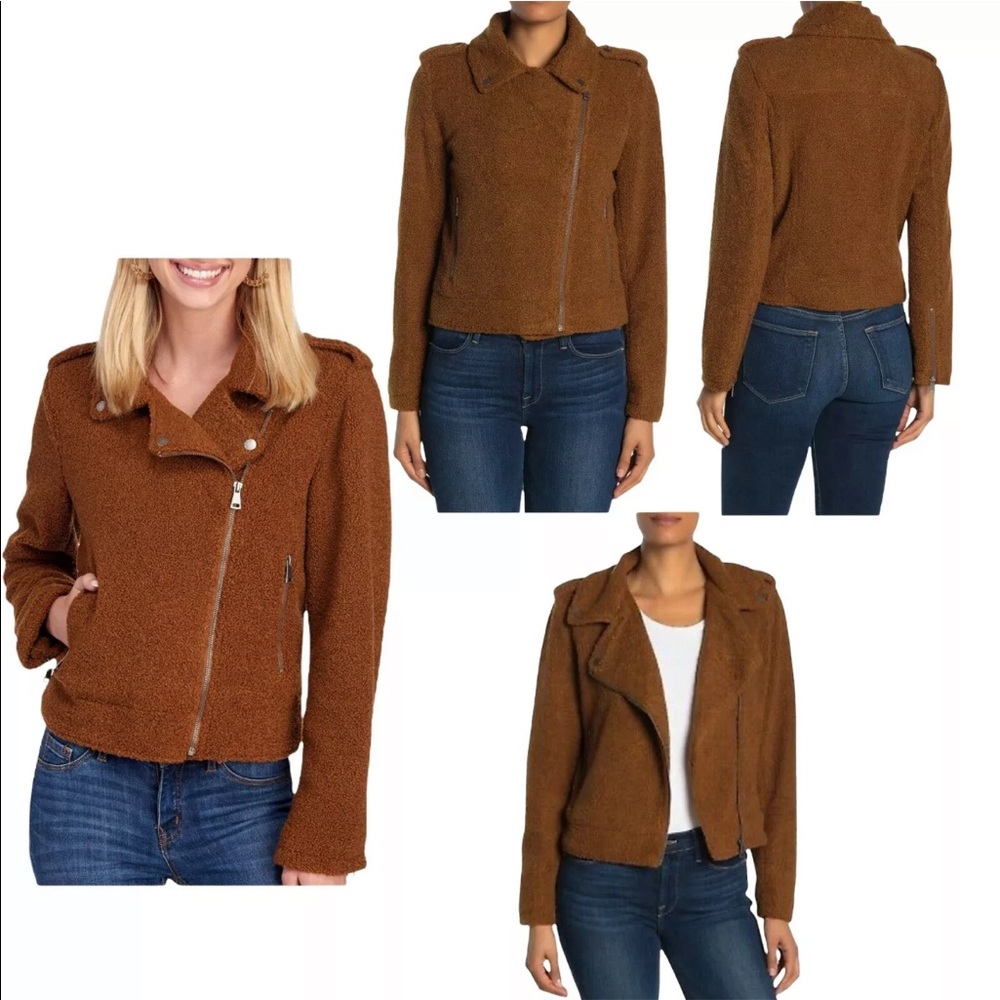 Max Studio Faux Shearling Crop Moto Jacket Cognac Brown Teddy Bear Medium $118